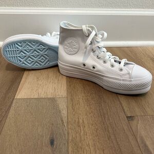 Converse Custom All White Leather platform High-Tops Light Blue Sole (Wedding)